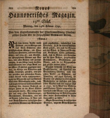 Neues hannoversches Magazin (Hannoversche Anzeigen) Montag 14. Februar 1791