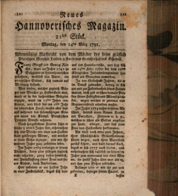 Neues hannoversches Magazin (Hannoversche Anzeigen) Montag 14. März 1791