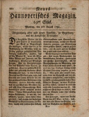 Neues hannoversches Magazin (Hannoversche Anzeigen) Montag 8. August 1791