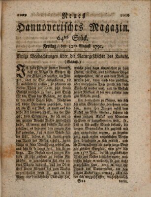 Neues hannoversches Magazin (Hannoversche Anzeigen) Freitag 12. August 1791