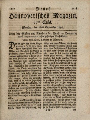 Neues hannoversches Magazin (Hannoversche Anzeigen) Montag 26. September 1791