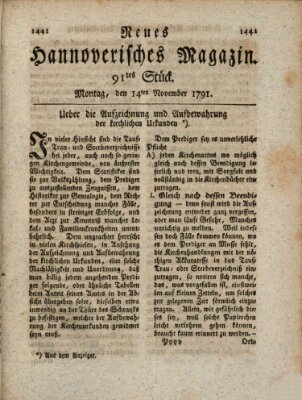 Neues hannoversches Magazin (Hannoversche Anzeigen) Montag 14. November 1791