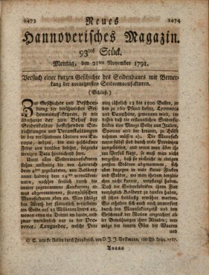 Neues hannoversches Magazin (Hannoversche Anzeigen) Montag 21. November 1791