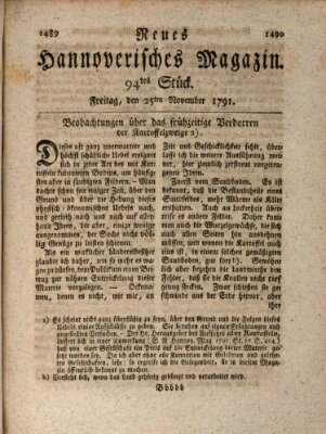 Neues hannoversches Magazin (Hannoversche Anzeigen) Freitag 25. November 1791