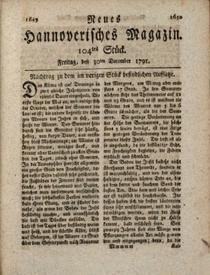 Neues hannoversches Magazin (Hannoversche Anzeigen) Freitag 30. Dezember 1791