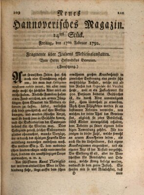 Neues hannoversches Magazin (Hannoversche Anzeigen) Freitag 17. Februar 1792