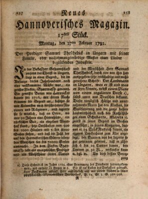 Neues hannoversches Magazin (Hannoversche Anzeigen) Montag 27. Februar 1792