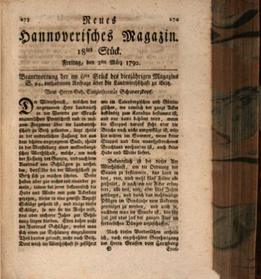 Neues hannoversches Magazin (Hannoversche Anzeigen) Freitag 2. März 1792