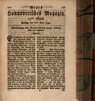 Neues hannoversches Magazin (Hannoversche Anzeigen) Freitag 16. März 1792