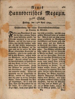 Neues hannoversches Magazin (Hannoversche Anzeigen) Freitag 13. April 1792