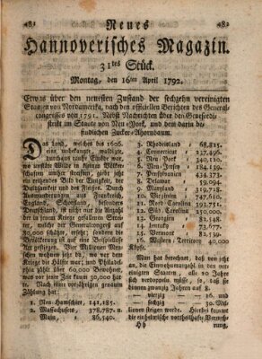 Neues hannoversches Magazin (Hannoversche Anzeigen) Montag 16. April 1792