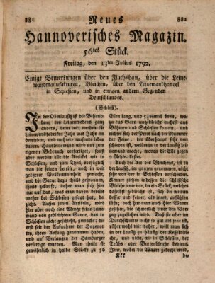 Neues hannoversches Magazin (Hannoversche Anzeigen) Freitag 13. Juli 1792