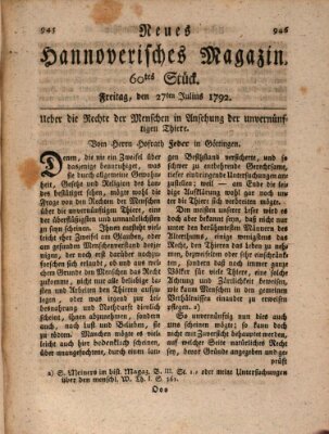 Neues hannoversches Magazin (Hannoversche Anzeigen) Freitag 27. Juli 1792