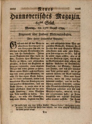 Neues hannoversches Magazin (Hannoversche Anzeigen) Montag 13. August 1792