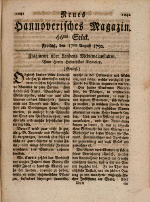 Neues hannoversches Magazin (Hannoversche Anzeigen) Freitag 17. August 1792