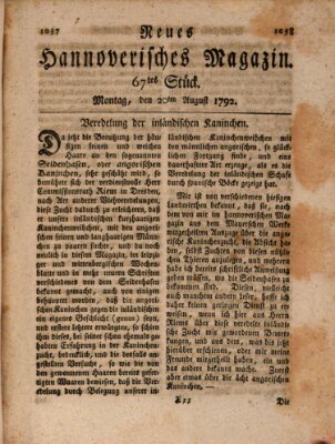 Neues hannoversches Magazin (Hannoversche Anzeigen) Montag 20. August 1792