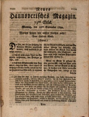 Neues hannoversches Magazin (Hannoversche Anzeigen) Montag 10. September 1792