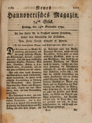 Neues hannoversches Magazin (Hannoversche Anzeigen) Freitag 14. September 1792