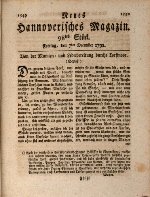 Neues hannoversches Magazin (Hannoversche Anzeigen) Freitag 7. Dezember 1792