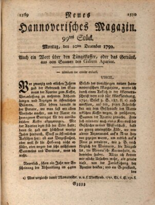 Neues hannoversches Magazin (Hannoversche Anzeigen) Montag 10. Dezember 1792