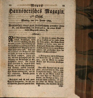 Neues hannoversches Magazin (Hannoversche Anzeigen) Montag 7. Januar 1793