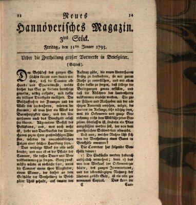 Neues hannoversches Magazin (Hannoversche Anzeigen) Freitag 11. Januar 1793