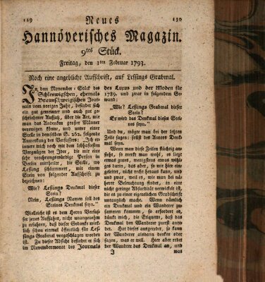 Neues hannoversches Magazin (Hannoversche Anzeigen) Freitag 1. Februar 1793