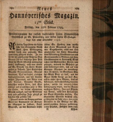 Neues hannoversches Magazin (Hannoversche Anzeigen) Freitag 15. Februar 1793