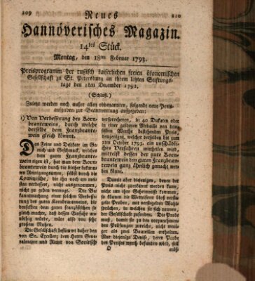 Neues hannoversches Magazin (Hannoversche Anzeigen) Montag 18. Februar 1793