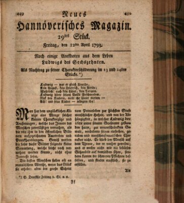 Neues hannoversches Magazin (Hannoversche Anzeigen) Freitag 12. April 1793