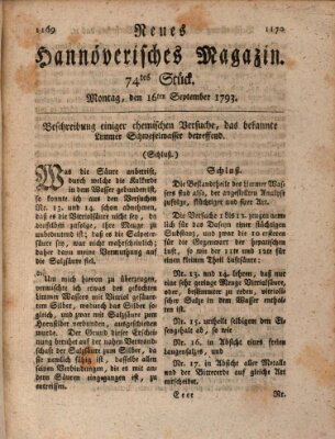 Neues hannoversches Magazin (Hannoversche Anzeigen) Montag 16. September 1793