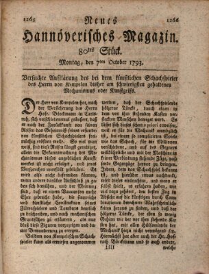 Neues hannoversches Magazin (Hannoversche Anzeigen) Montag 7. Oktober 1793