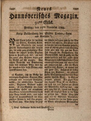 Neues hannoversches Magazin (Hannoversche Anzeigen) Freitag 15. November 1793