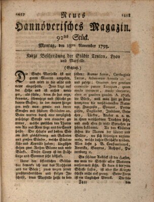 Neues hannoversches Magazin (Hannoversche Anzeigen) Montag 18. November 1793