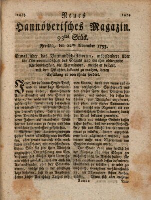 Neues hannoversches Magazin (Hannoversche Anzeigen) Freitag 22. November 1793