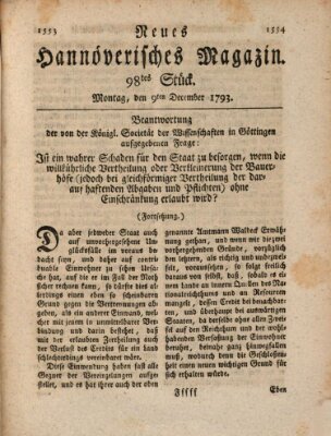 Neues hannoversches Magazin (Hannoversche Anzeigen) Montag 9. Dezember 1793