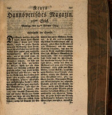 Neues hannoversches Magazin (Hannoversche Anzeigen) Montag 24. Februar 1794