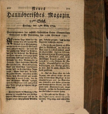 Neues hannoversches Magazin (Hannoversche Anzeigen) Freitag 14. März 1794