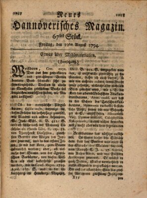 Neues hannoversches Magazin (Hannoversche Anzeigen) Freitag 22. August 1794