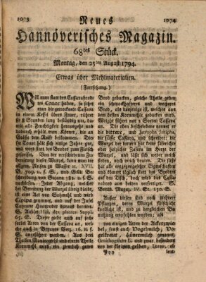 Neues hannoversches Magazin (Hannoversche Anzeigen) Montag 25. August 1794