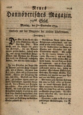 Neues hannoversches Magazin (Hannoversche Anzeigen) Montag 8. September 1794