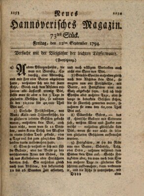 Neues hannoversches Magazin (Hannoversche Anzeigen) Freitag 12. September 1794