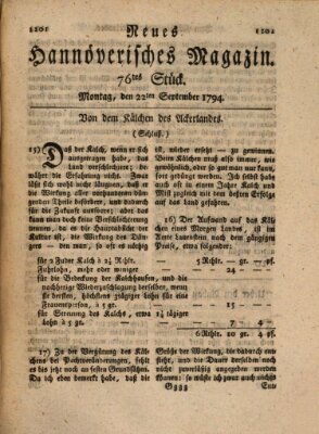 Neues hannoversches Magazin (Hannoversche Anzeigen) Montag 22. September 1794