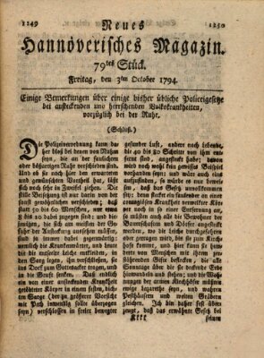 Neues hannoversches Magazin (Hannoversche Anzeigen) Freitag 3. Oktober 1794