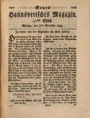 Neues hannoversches Magazin (Hannoversche Anzeigen) Montag 17. November 1794