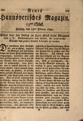 Neues hannoversches Magazin (Hannoversche Anzeigen) Freitag 13. Februar 1795