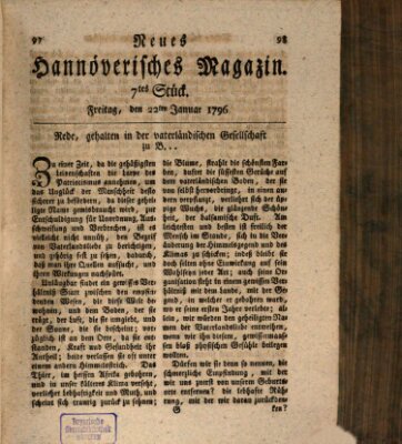 Neues hannoversches Magazin (Hannoversche Anzeigen) Freitag 22. Januar 1796