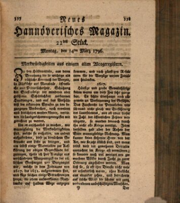 Neues hannoversches Magazin (Hannoversche Anzeigen) Montag 14. März 1796