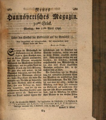 Neues hannoversches Magazin (Hannoversche Anzeigen) Montag 11. April 1796