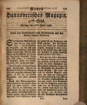 Neues hannoversches Magazin (Hannoversche Anzeigen) Freitag 10. Juni 1796